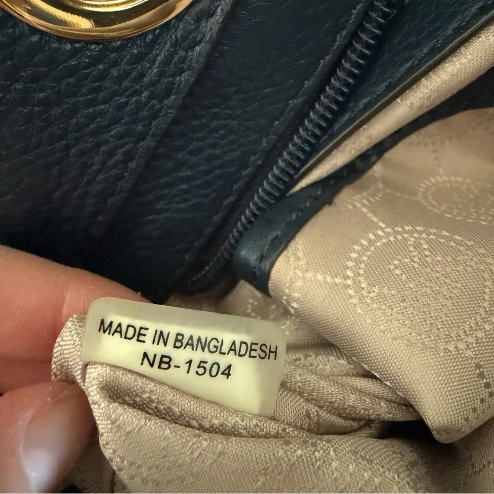 Michael Kors Dark Blue Pebbled Leather with Tan Straps Shoulder Bag Tote - Picture 14 of 15